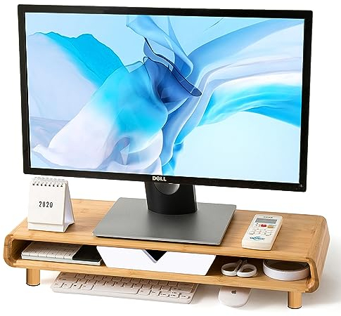 Homerays Soporte para monitor de bambú con cajón, exquisito elevador de monitor ergonómico de madera, color blanco, modelo de actualización