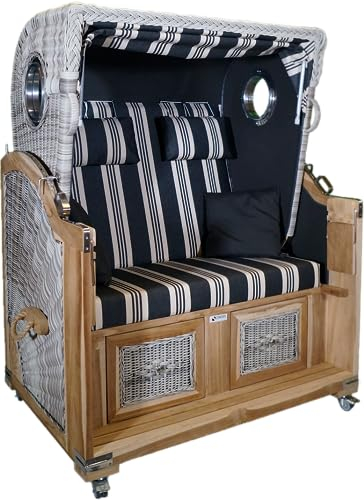 Strandkorb Teak White Washed, Multisteifen antrazit/Creme 2 Sitzer Voll-Liegemodell