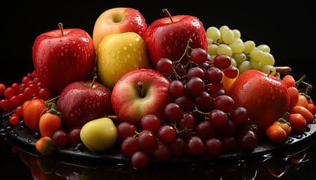 adrium Acryl-Bild 110 x 60 cm: Frische der Natur: Apfel, Traube, Tomate, Blatt, Erdbeere, Gemüse, erzeugt durch künstliche Intelligenz (209215571)