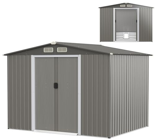 COSTWAY Abri de Jardin 4.7㎡en Acier Galvanisé Anti-UV, 260 x 207 x 181 CM, Cabane de Jardin Exterieur 9.7 m³ avec Fondation et Porte Coulissante, Rampe, 4 Trous d’Aération, 4 Gants Inclus, Gris Foncé