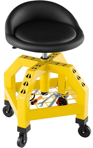 COSTWAY Rolling Mechanic Stool, Height Adjustable Pneumatic Roller Creeper Seat with Tool Tray & 4 Universal Casters, 150kg Capacity Swivel Padded Chair for Garage Workshop Factory (Yellow)