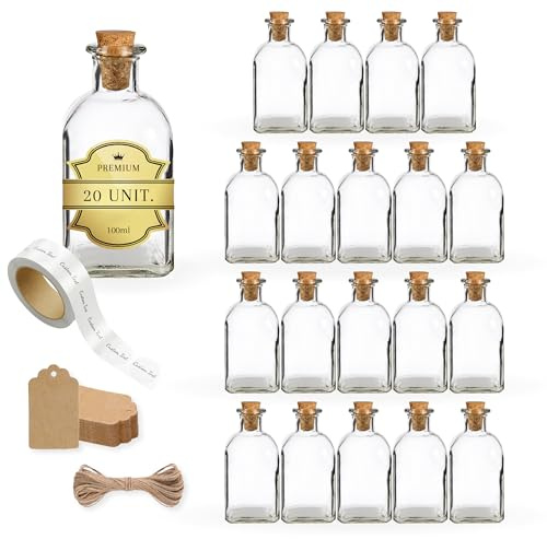 Espirito Rebelde 20 bottiglie quadrate in vetro da 100 ml con tappo in sughero + 20 etichette adesive + 20 etichette Kraft + spago – Liquore, Whiskey, Rum, Vino – Campioni e souvenir