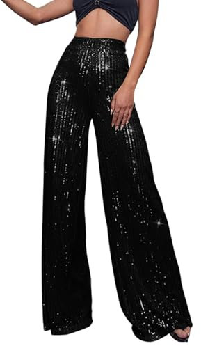 Pailletten Hose Damen Gold-Glitzer Hose Lang Metallic Hose Lang High Waist Baggy Jogginghose Weites Bein Sommerhose Locker Weite Hose Große Größen Paillettenhose Metallic Hosen Büro Pants
