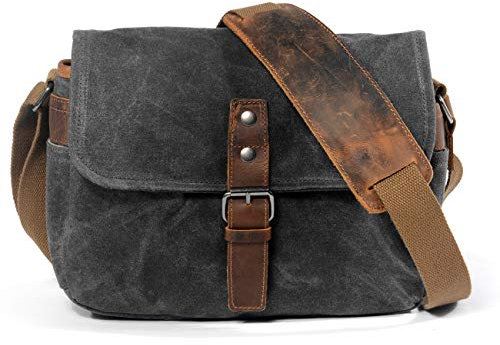 FUNSEED Kameratasche aus gewachstem Segeltuch für Damen und Herren, mit wasserdichtem Design, kompakte Crossbody-Tasche für DSLR/SLR/spiegellose Kameras (Grau)