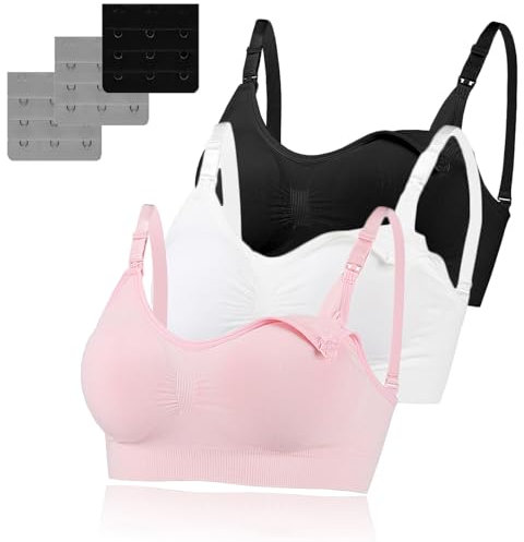 Baycat 3 Pack Women's Nursing Bra, Seamless Wire-Free Nursing & Sleep Maternity Bras, Comfortable Night Nursing Bra with Removable Breast Pads & Extenders (M, Black/White/Pink)