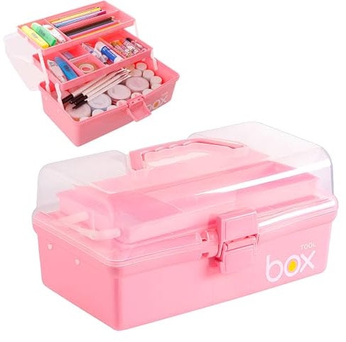 3 Layers Art Storage,Medical Box,Plastic Craft Storage Boxes with Compartments,Craft Box Storage Caddy,Art Storage Box,Craft Organiser for Sewing,Hobby,Arts,Crafts,Lego,Medicine,Stationery (Pink)