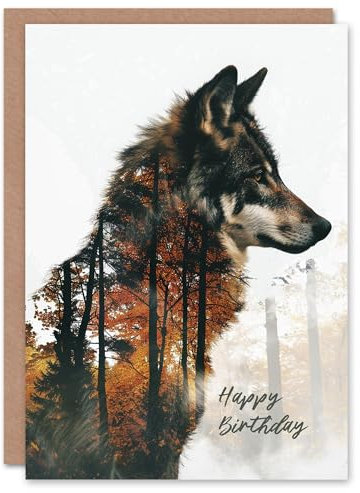 Artery8 Wolf Herbst Wald Bäume Doppelbelichtung Geburtstagskarte