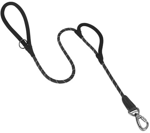 PetBonus Hundeleine Große Mittelgroße Hunde Leicht mit Zwei bequemen Griffe, Robuste Reflektierende Führleine zum Trainieren und Gassi gehen mit Verschließbaren Haken, 1,8 m x 1,2 cm (Schwarz)