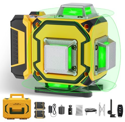 Nivel Laser Autonivelante 4 x 360 °,Modo de Pulso,4D 16 Líneas Laser Verde,360 Líneas Vertical/Horizontal Conmutables, 2 Batería, Base Magnético, Mando a Distancia, Maletín rígido