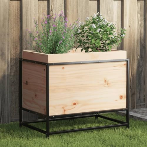 Tino Tech Fioriera 60 x 40 x 50 cm, in legno di pino massiccio e acciaio, aiuola per piante, per balcone, fioriera, giardino, balcone, fioriera per piante, colore marrone