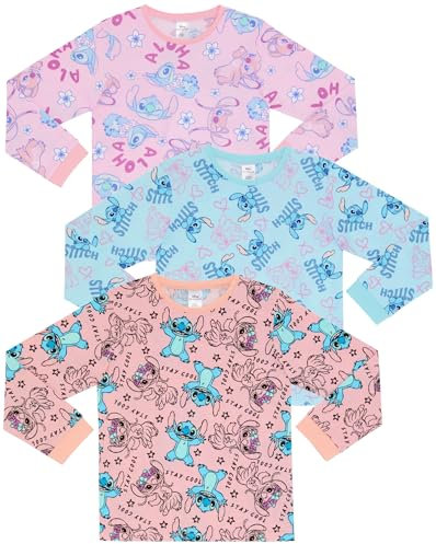 Disney Lilo & Stitch, Three Pack 100% Combed Cotton Long Sleeved Tops T-Shirts - 7-8 Years 128cm Multicoloured