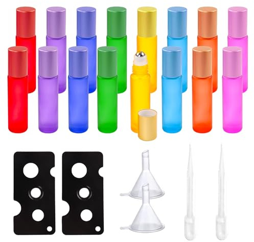 MOLENCO 16 Pièces Flacon Roll on Vide 10ml, Roll on Bouteilles en Verre | avec Rouleau Acier Inoydable, Rechargeable Roll on Huile Essentielle Vide, Bonne Étanchéité, pour Parfum, Massage, Voyage