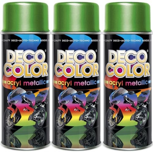 Deco Color 3er Sparpack Lackspray 400ml - Sprühlack mit Effekt für z.B. KFZ, Fahrrad uvm. (3 Dosen Lackspray GRÜN mit Metallic-Effekt)