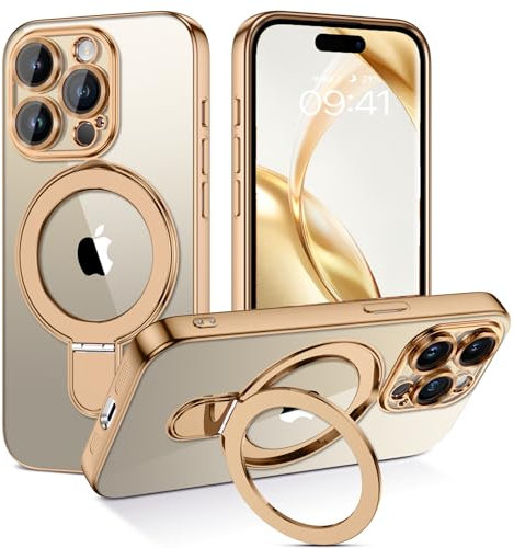 BENTOBEN Magnetic Case for iPhone 15 Pro Max [Compatible with Magsafe], Invisible Ring Stand Clear Back Soft TPU Plating Edge Military Grade Protection Shockproof Cover for iPhone 15 Pro Max, Gold