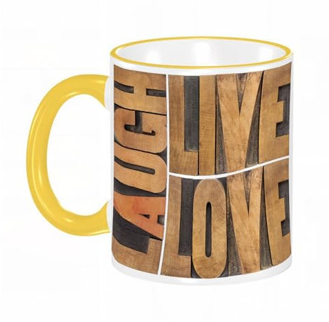YOIUE Tasse aus Keramik - Große 11oz Tassen 330ml Kaffeetassen mit Henkel, 100% Handbemalt - Trinkgläser mit Griff - Weiß,Leben, Liebe, Lachen isoliert Wort abstrakt in Vintage Buchdruck Holzart