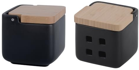 KOOK TIME Set di accessori da cucina - saliera e porta aglio in ceramica e bambù - 2 pezzi, 11,5x11,5x11,5 cm