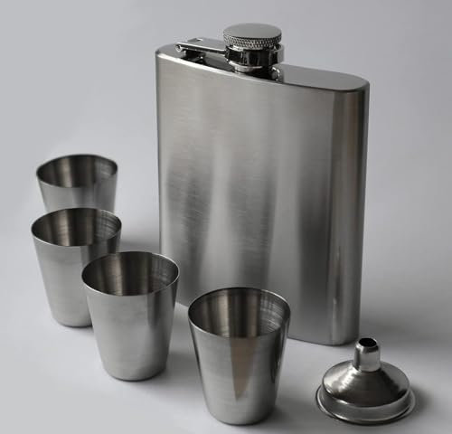 Flachmann Set mit Trichter & 4x 3cl Pinnchen – Edle Geschenkbox Verpackung, Flachmann 7 oz, 207ml inklusive 4 Schnapsgläser und Trichter