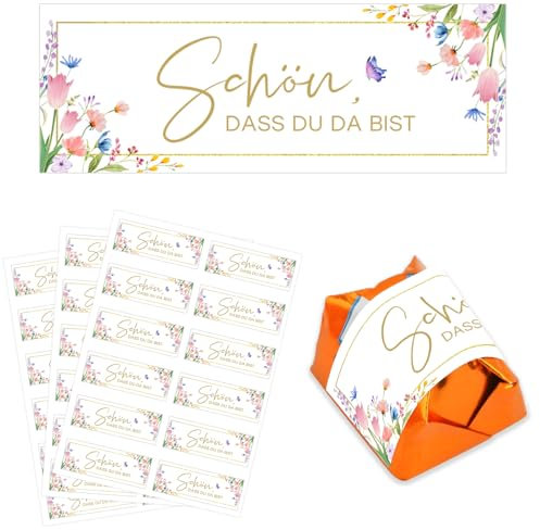 Schön, dass du da bist Aufkleber - 55 Stück Sticker Schön, dass du da bist Schokolade Aufkleber, Gastgeschenke Deko für Hochzeit Geburtstag, Taufe, Kommunion