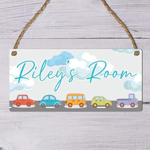 Custom Kids Room Name Plaque | Personalised Boys Bedroom Sign | Wooden Hanging Door Sign | Car Theme or Gaming Controller Gamer Design (Cars 1)