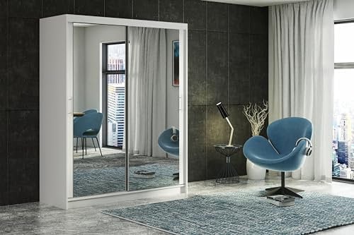 Modern Sliding Double Door Wardrobe with Full Size Mirror, 2/3 Doors, up to 8 Drawers and 4 Hanging Rails Colours: WHITE/BLACK/OAK/GREY Width: 100cm/120cm/150cm/180cm/200cm (White, 180cm 4 Drawers)