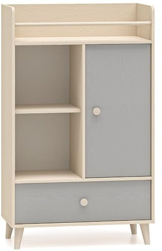 Lomadox Kinderzimmer-Regal in Sandbeige mit grau, 80 cm breit, mit Tür & Schublade Sideboard Schrank Softclose modern