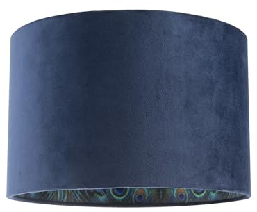 Designer Chic Navy Midnight Blue Velvet Fabric Dum Lamp Shade with Colourful Peacock Feather Themed Inner | 30cm x 20cm by Happy Homewares