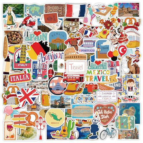 100 Stücke Reise Sticker Set, Vintage Retro Vinyl Aufkleber für Koffer Laptop Helm Motorrad Skateboard Auto Fahrrad Computer