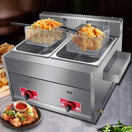 Friteuse à gaz Professionnelle 20 L, Double cuve, en Acier Inoxydable, avec Deux paniers, pour Restaurants et Frites
