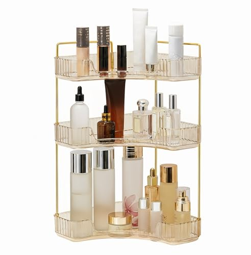 SHANNA Corner Cosmetic Makeup Organizer: Adjustable Large Capacity Stackable Makeup Shelf Bathroom Cosmetics Holder Top Tier Skincare Display box,Fits Perfume, Lipsticks (3-Tier,Amber Gold-A)