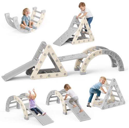 Brolteja Toddler Plastic Climbing Frame, Children's Tripod Climbing Ladder, Indoor Montessori Game Climbing Set (Tripod & Arch & ladder & slide-Beige Grey)