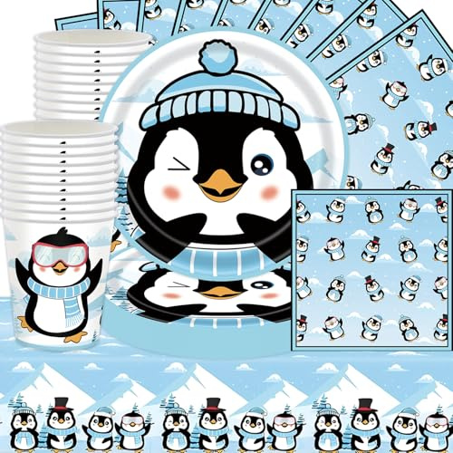 Shamoparty Juego de vajilla para fiesta de pingüino, 61 unidades, accesorios de decoración de fiesta de pingüino, artículos de decoración de invierno, platos de animales, servilletas, taza, bautizo