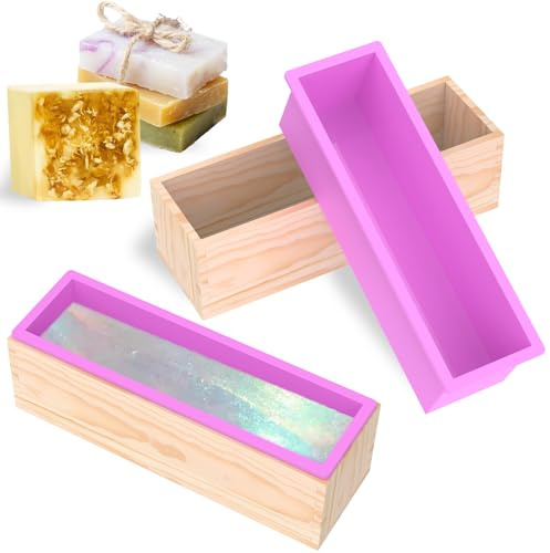 Jokapy 2 Stück Seifenformen Silikon, 1200ML Seifenform mit Holzbox, Rechteckig Silikonform Seife, Seifenherstellung Zubehör Form, vielseitig Silikonformen für Seife Selber Machen Kuchen Pudding
