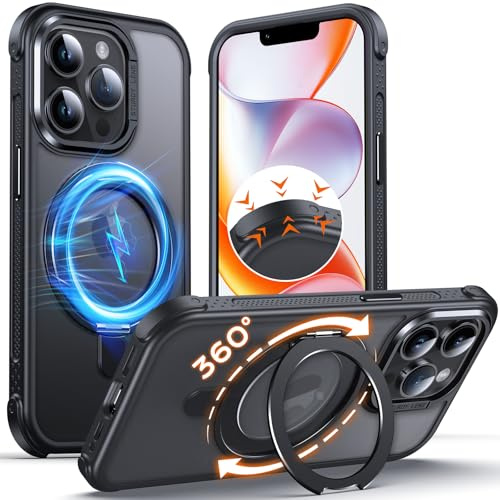 Anqrp 360°-Dreh-Magnetständer Case für iPhone 13 Pro Hülle, [rutschfeste Kante] Stoßfeste Stoßstange in Militärqualität, durchscheinende Matte Handyhülle, Schwarz