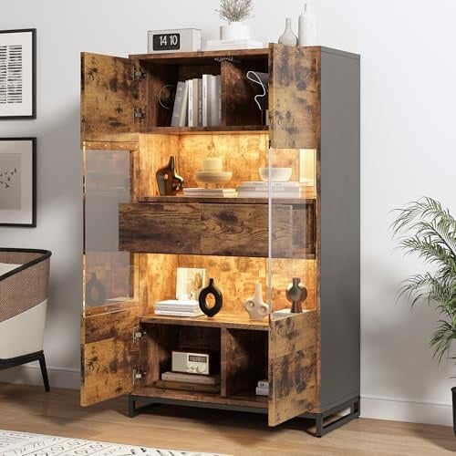BTM 80x40x138cm Vitrine mit LED-Beleuchtung Standvitrine,Vitrinenschränke mit 2 Schubladen, Stauraumvitrine mit Acrylblende, highboard, Weinschränke, mit viel Stauraum, Schwarz + Holzmaserung