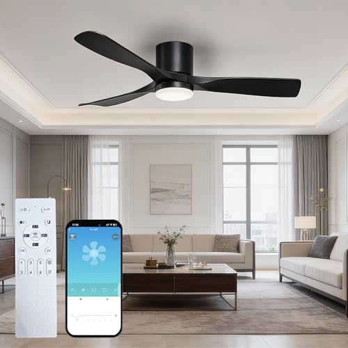 52 Smart Modern Ceiling Fans with Lights, 40W Low Profile Flush Mount Light Fan with 3 Reversible Blades, Remote & App Control, 3CCT Dimmable LED, 6-Speed Quiet Fan Lights for Bedroom Living Room