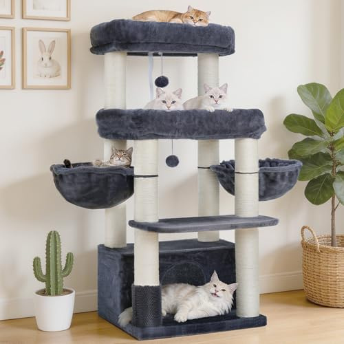 Hey-brother Arbre à Chat pour Grands Chats, poteaux sisal 8 cm, MPJ02G | Tour de Jeu pour Chats pour Maine Coon, 2 Plateformes, 2 paniers, Grande Niche et Accessoire de Brosse à Chat, Gris fumé