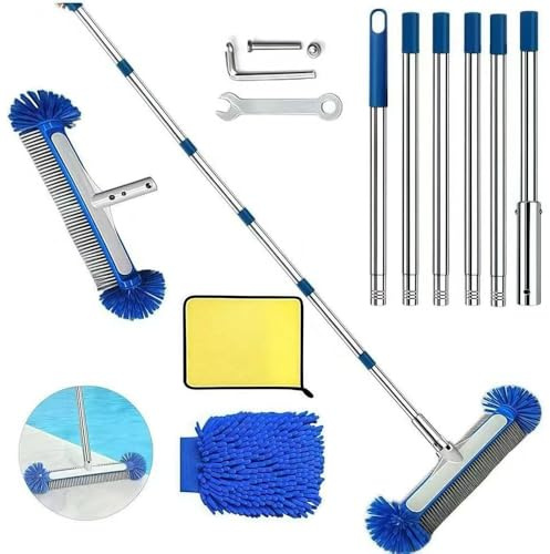 Poolbürste mit Stiel 230cm, Pool Reinigung Bürste 45cm, Poolbesen mit Längenverstellbarer Edelstahlstange, Pool Cleaning Brush mit Teleskopstange, Pool Bürsten Set für Pool Reinigung
