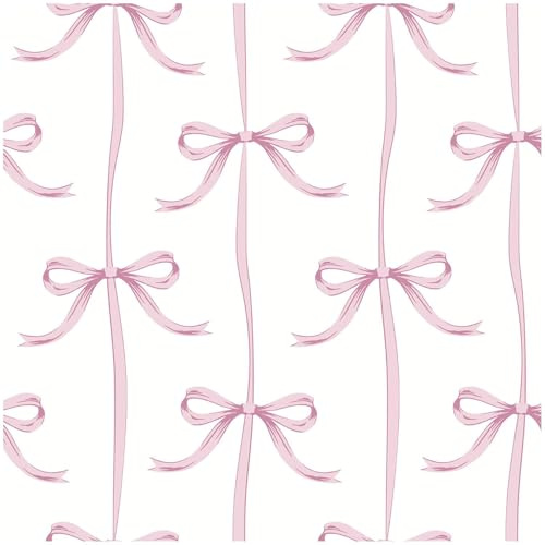 Pink Bow Pattern Wallpaper with Ribbon Design on White Background, Decorative Wall Covering for Bedrooms Nurseries and Feature Walls, Elegant Whimsical Interior Décor
