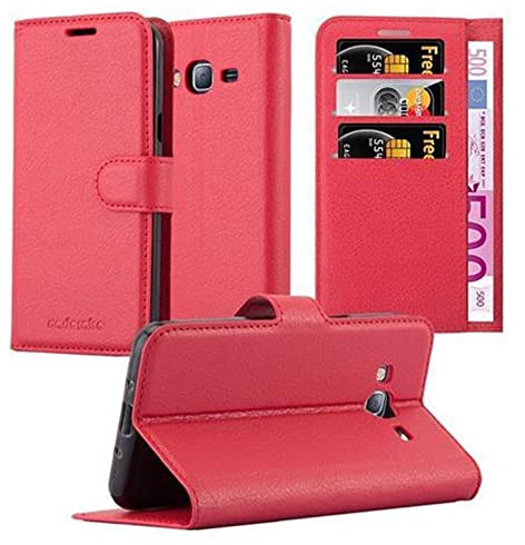 Cadorabo Hülle kompatibel mit Samsung Galaxy J3 2016 Handyhülle aus Kunst Leder Flip Klappbare Stoßfeste Magnetische [Standfunktion] [Kartenfächern] Cover Hülle für Galaxy J3 2016 Tasche in Rot