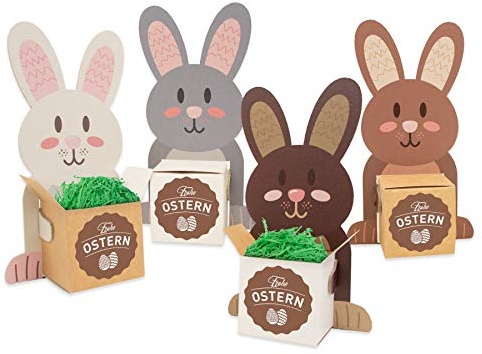 itenga Osternester Hasenbande 4X Hasenfiguren + 4X Kartonwürfel + 4X Sticker + Ostergras. Als Osternest oder Tischdeko