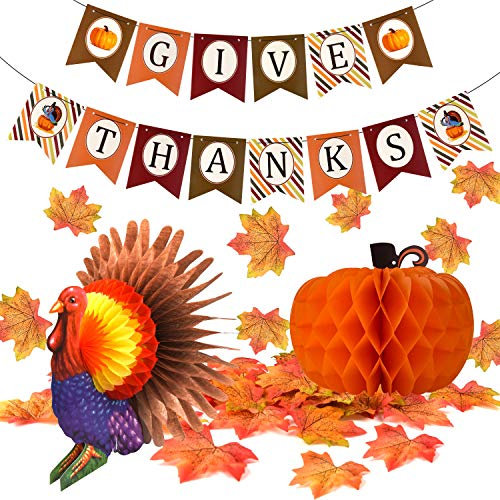FEPITO Geben Dank Banner mit Papier Bunte Türkei Kürbis Künstliche Ahornblätter Dekoration Kit Insgesamt 203 STÜCKE für Herbst Herbst Party Thanksgiving Day Party Supplies Dekorationen