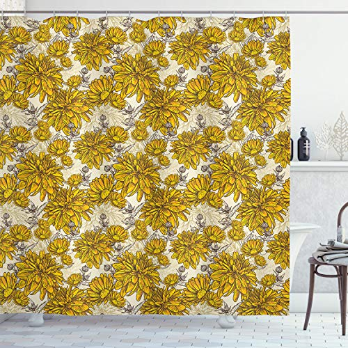 ABAKUHAUS Blumen Duschvorhang, Vintage Blumenstrauß Botanik, Stoffliches Gewebe Badezimmerdekorationsset mit Haken, 175 x 240 cm, Erde Gelb Beige