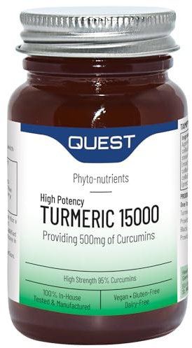 Quest - 60x Turmeric 15000 High Strength Turmeric and Black Pepper Tablets Quick Absorption Natural Joint Care Supplements Providing Total of 500mg of Curcumins. Vegan & Free from Gluten (1 Pack)