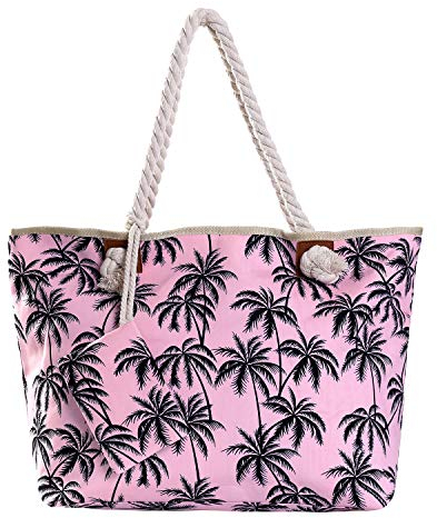 DonDon Strandtasche mit Reißverschluss, Große Strandtasche XXL, Shopper Tasche Damen - Praktische Beach bag Umhängetasche Damen Badetasche für Strand und Meer - Palmen pink