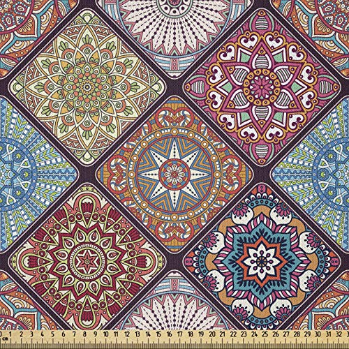 ABAKUHAUS Mandala Stoff als Meterware, Bunte Mosaik-Blumen, Microfaser Multi Zweck Dekostoff für Kunsthandwerke, 3M (230x300cm), Blasser Redwood
