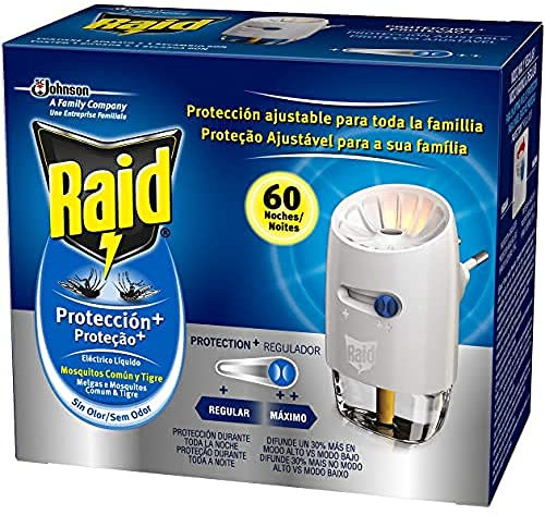 Raid Eléctrico Líquido Protección+ 60 noches - Enchufe anti mosquitos comunes y tigre con difusor regulable. Incluye aplicador y recambio