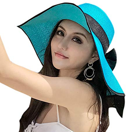 Elonglin Chapeau de Soleil en Paille à Bord Large pour Femme Capeline Pliable Décoration de Ruban pour Extérieur Plage Eté Anti-UV Respirant Azuré (Bordure Noire)