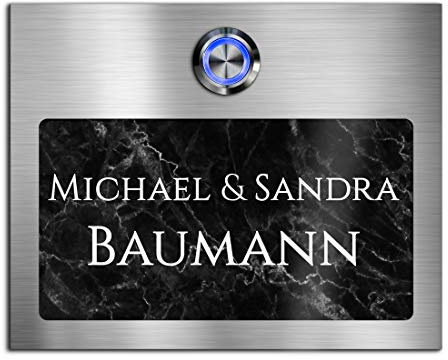Premium Designer Türklingel mit Namen - Wunschtext | LED-Klingelknopf 15x12 cm | Modell: Baumann - beschriftete Klingel aus Hochglanz Acrylglas und Edelstahl Klingelschild Taster beleuchtet