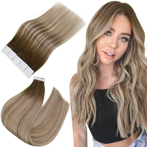 Easyouth Invisible Tape Extensions Echthaar Braun Ombre Echthaar Tape in Haar Extensions Balayage Tape in Haarverlängerungen Echthaar Dunkelbraun Aschbraun und Mittelblond 35 cm 40g 20Pcs #3/8/22