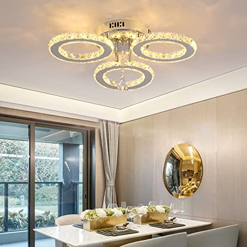 VETRULUS LED Kristall Deckenleuchte, Moderne Kristallkronleuchter,Edelstahl Pendelleuchte für Schlafzimmer Wohnzimmer Esszimmer 3 Rings Warm White